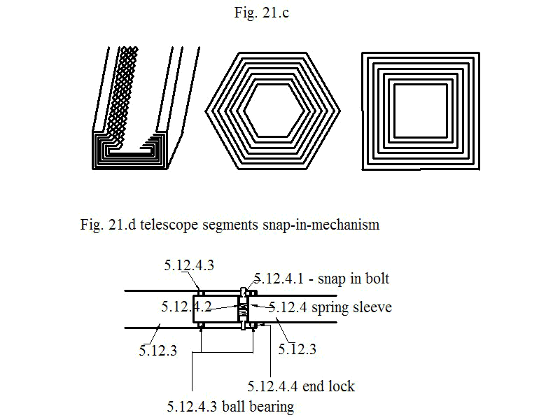 Fig. 21c - some optional telescope bracket types, Fig. 21 d - telescope segment snap in mechanism